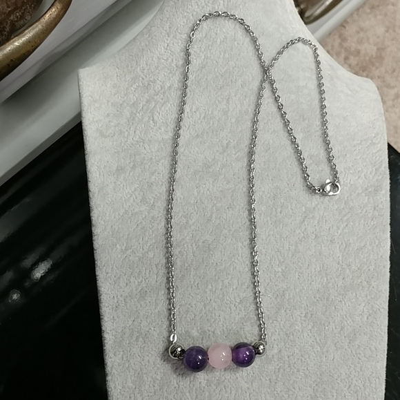 Amethyst Rose Quartz Three Bead Necklace Natural Gemstone Crystal StainlessSteel - Picture 8 of 12